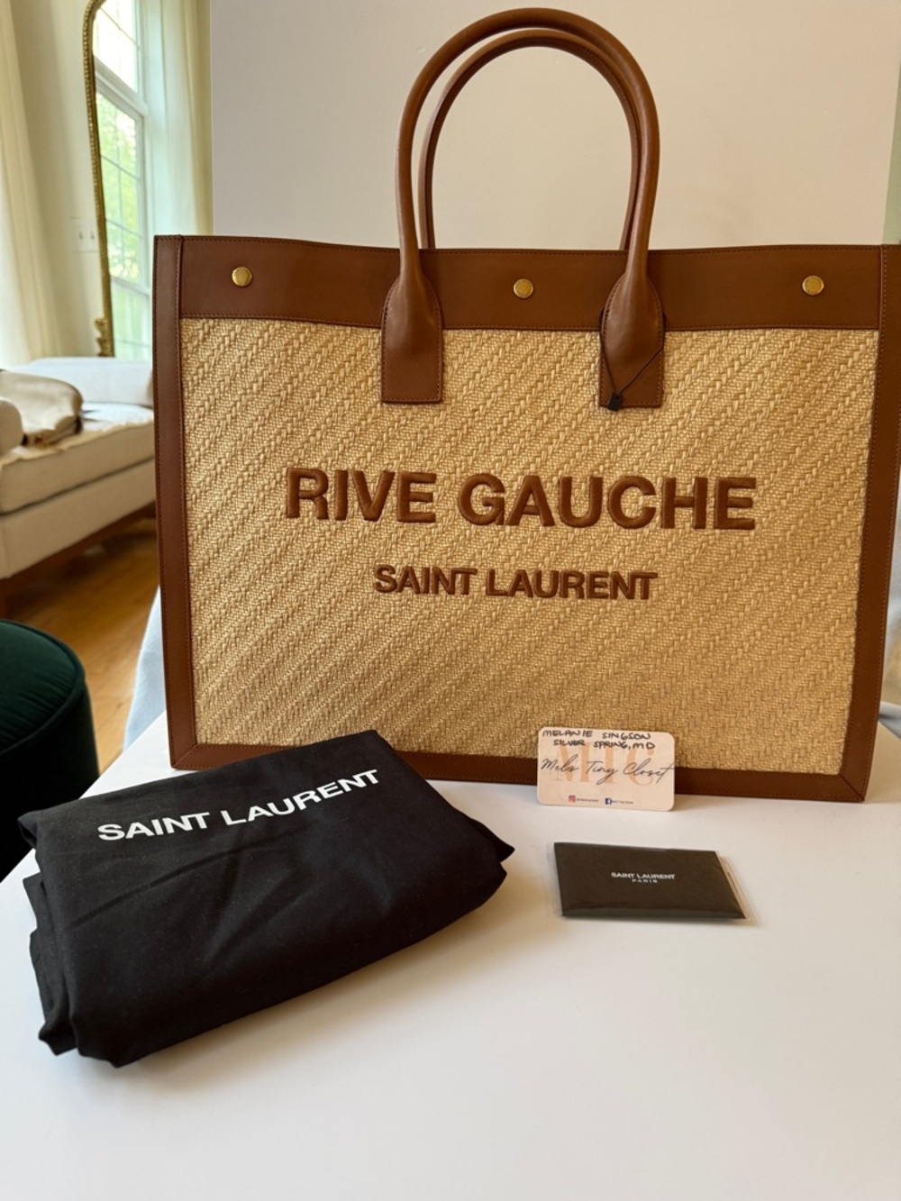 Saint Laurent Rive Gauche Straw Tote with Brown Leather Trim